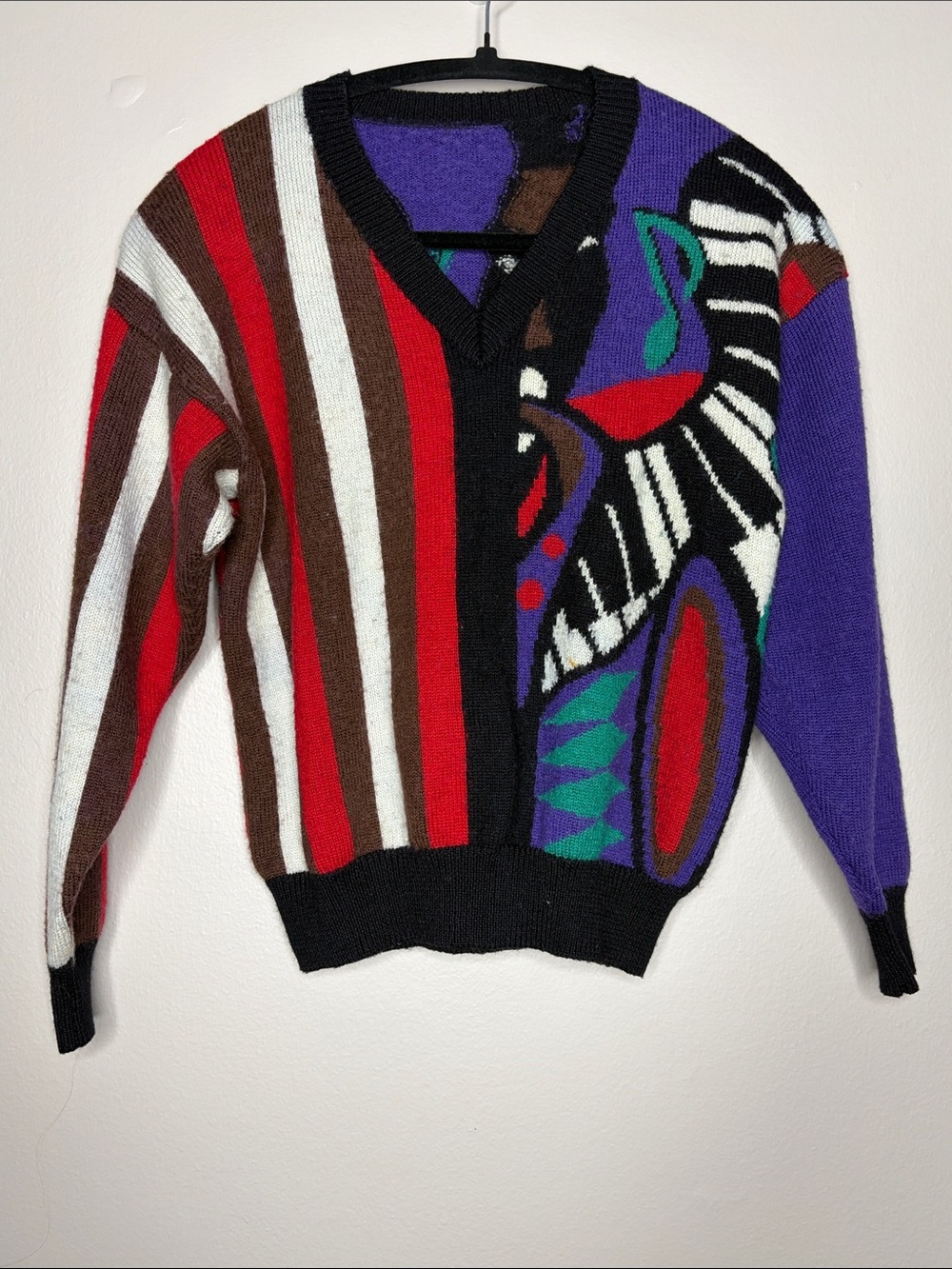 Vintage 80s Abstract Jazz Musician Intarsia Knit Sweater Virgin Wool Blend S/M